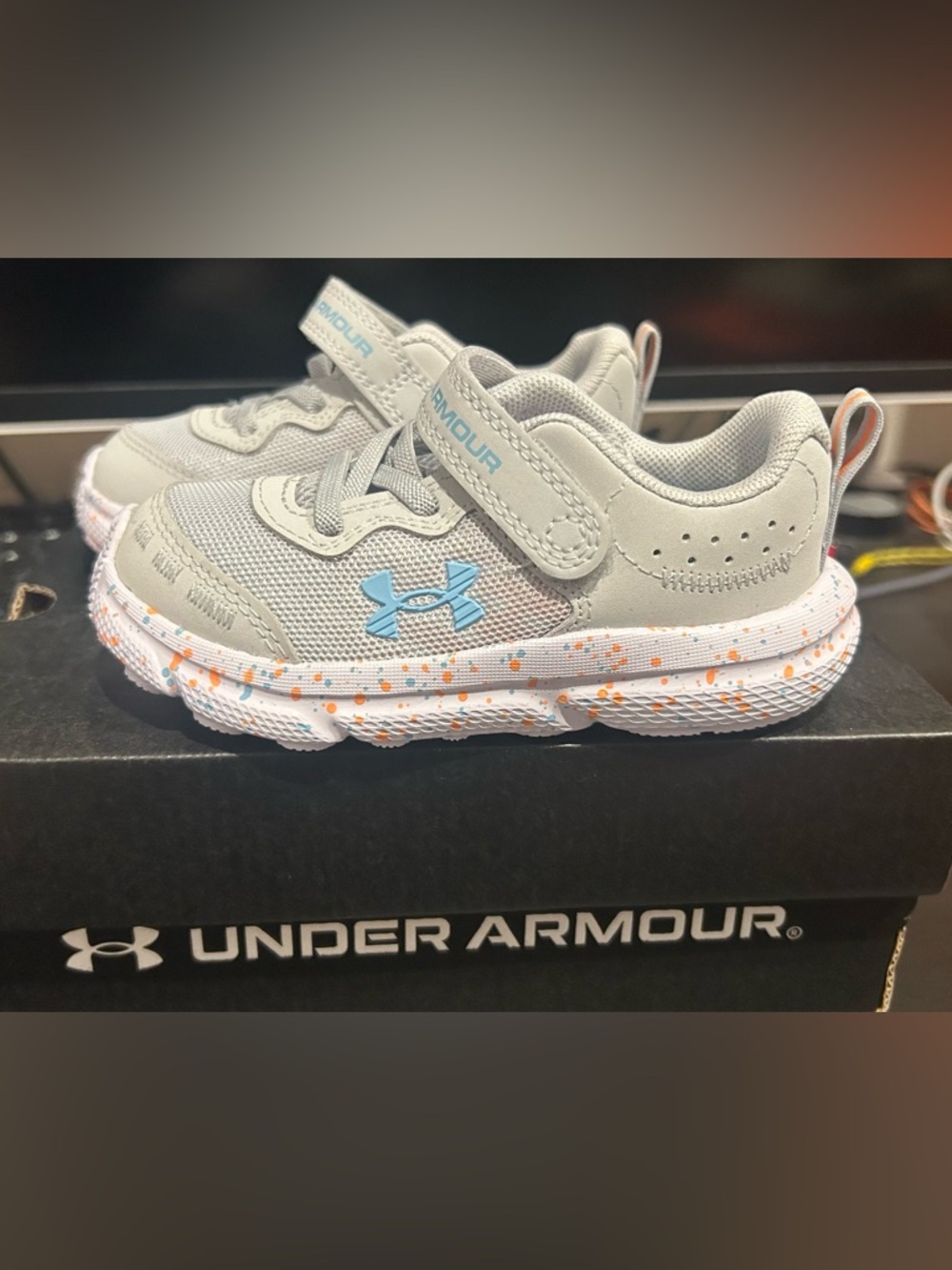 Under Armour unisex toddler Gray & Blue Sneakers with Orange Speckle Sole